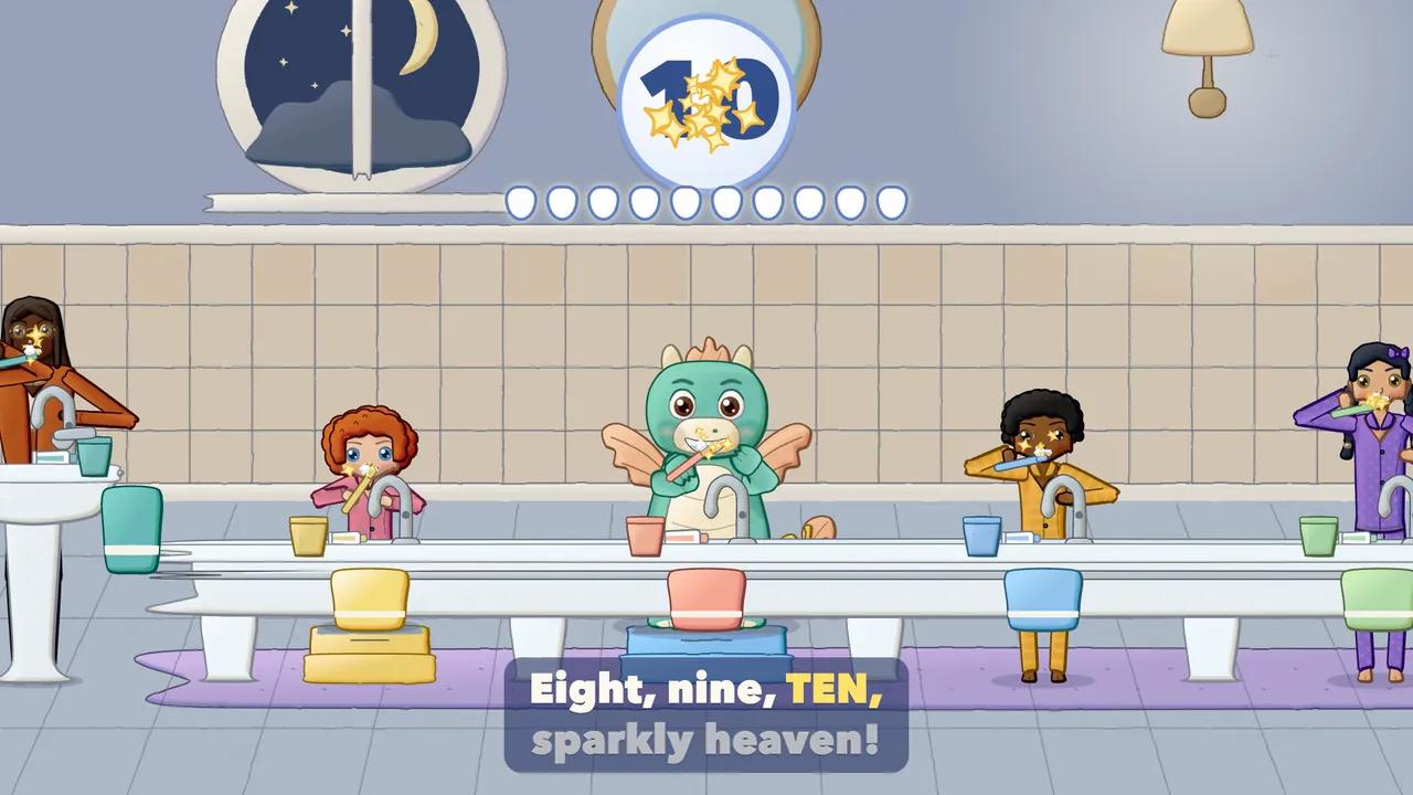 Children brushing their front teeth with big smiles as the number ten appears.