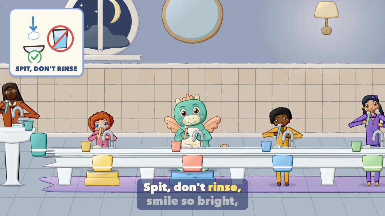 Children leaning over the sink to spit out toothpaste while a grown-up checks with a thumbs-up.