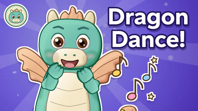 {Dragon} dancing among music notes and stars, and the words “Dragon Dance!”
